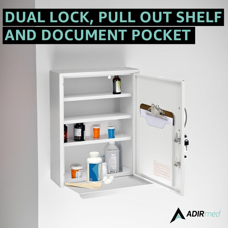 AdirMed White Locking Medication Cabinet with Document Pocket, Metal Wall Mounted Medication Cabinet with Dual Lock and Dual Keys, 21" H x 16" W x 6" D - Image 2